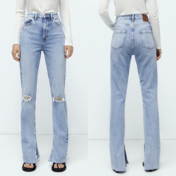 ZARA Slim Flare Light Wash Distressed Hem Slit Hem Jeans - Picture 2 of 13